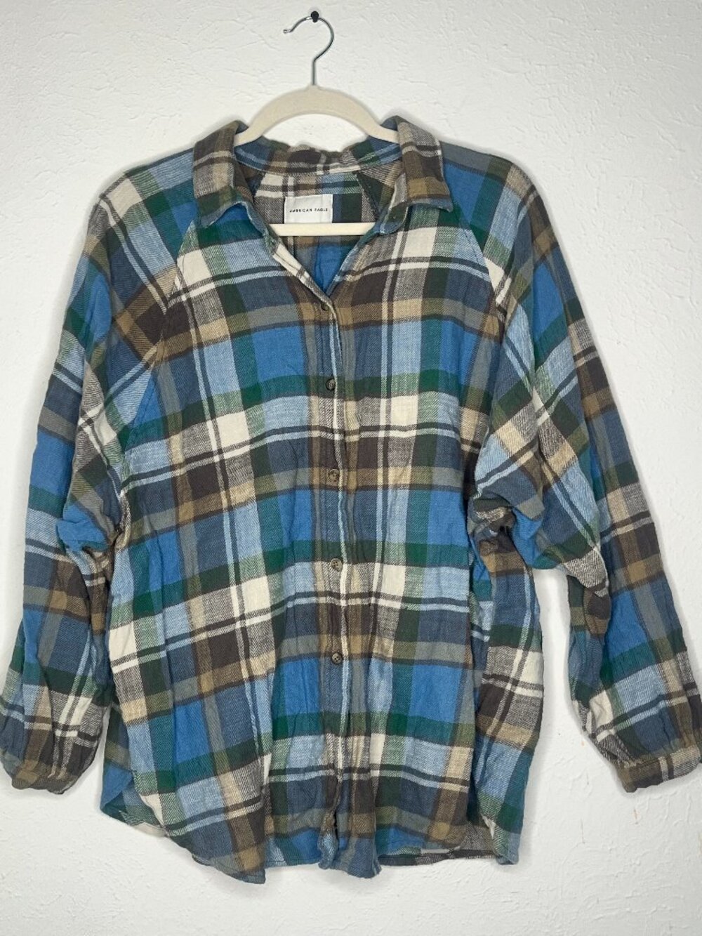 Womens American Eagle Plaid Flannel Button Down Top Long-Sleeve Size Large